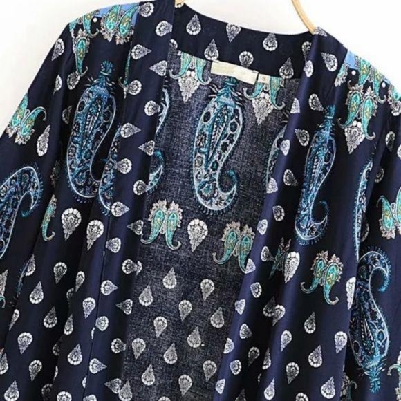 Luxe Boho Printed Gypsy Kimono Navy Blue Cardigan - Picture 7 of 10